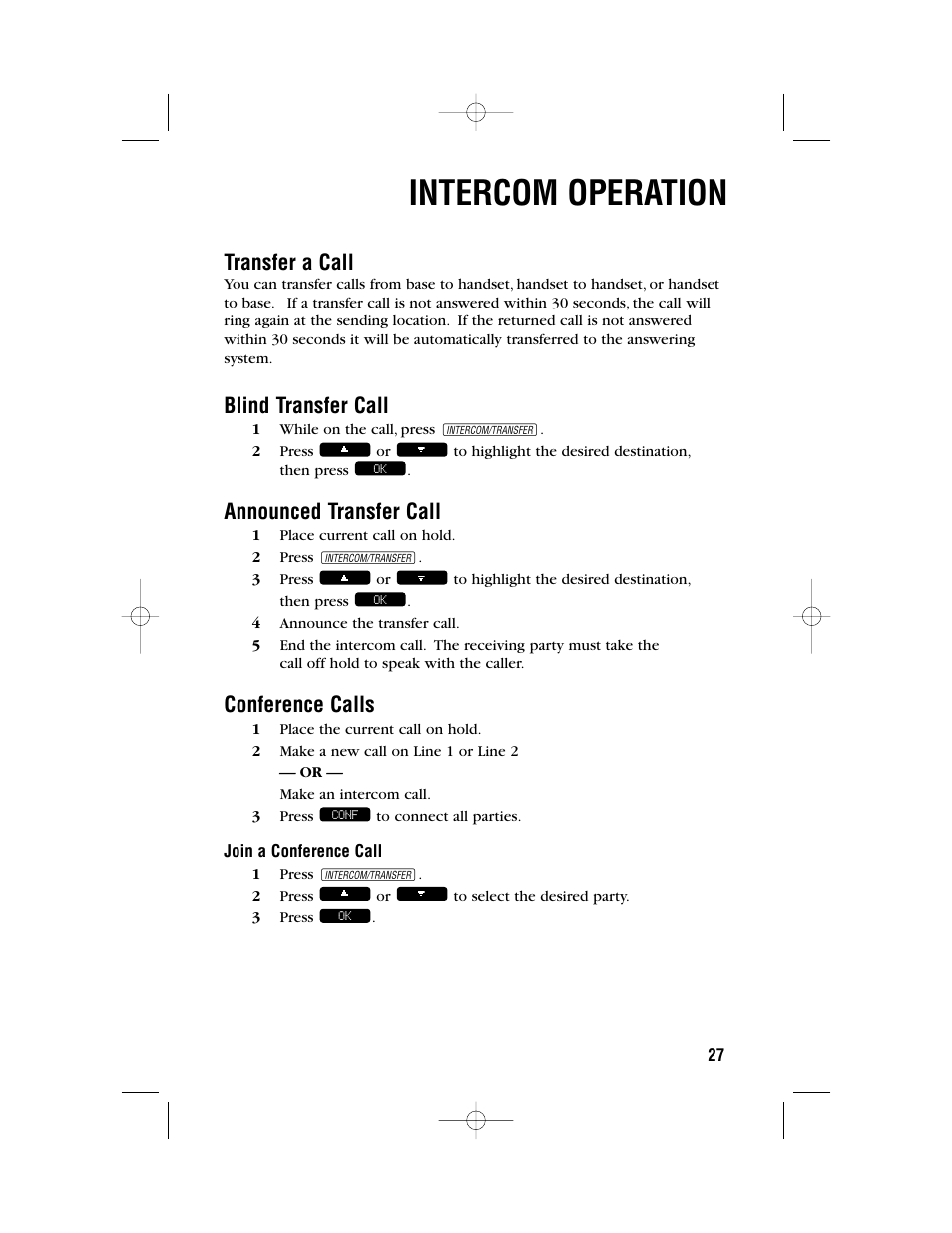 Intercom operation, Transfer a call, Blind transfer call | Announced transfer call, Conference calls | AT&T 2462 User Manual | Page 30 / 50