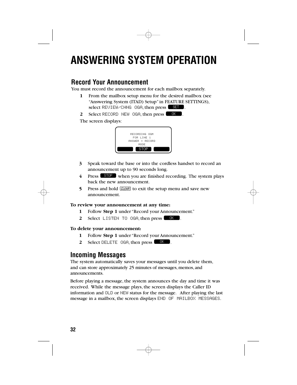 Answering system operation, Record your announcement, Incoming messages | AT&T 2462 User Manual | Page 35 / 50