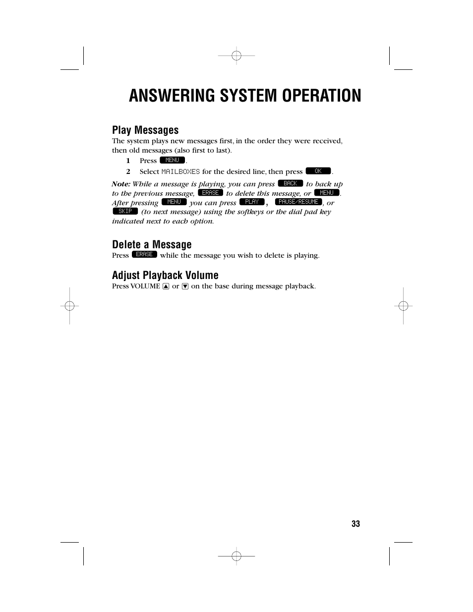 Answering system operation, Play messages, Delete a message | Adjust playback volume | AT&T 2462 User Manual | Page 36 / 50