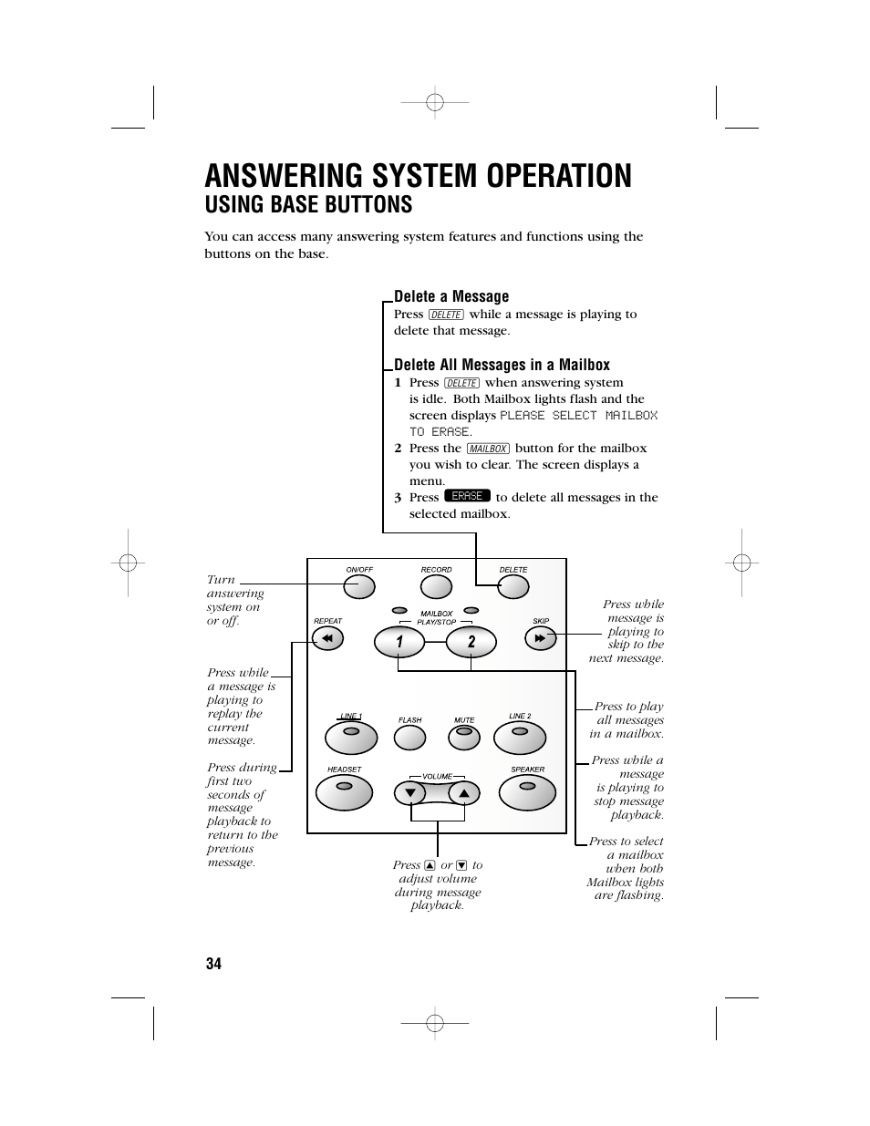 Answering system operation, Using base buttons | AT&T 2462 User Manual | Page 37 / 50