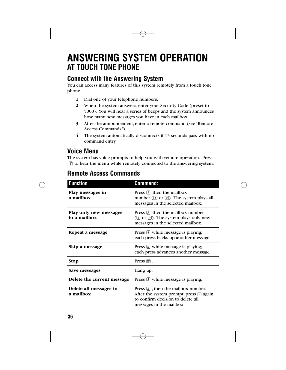 Answering system operation, At touch tone phone, Connect with the answering system | Voice menu, Remote access commands | AT&T 2462 User Manual | Page 39 / 50