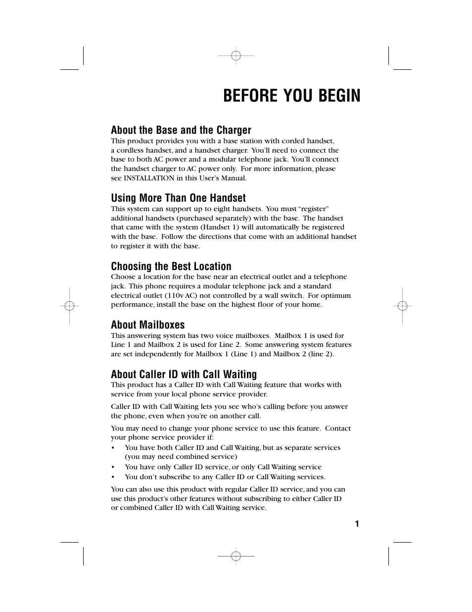 Before you begin, About the base and the charger, Using more than one handset | Choosing the best location, About mailboxes, About caller id with call waiting | AT&T 2462 User Manual | Page 4 / 50