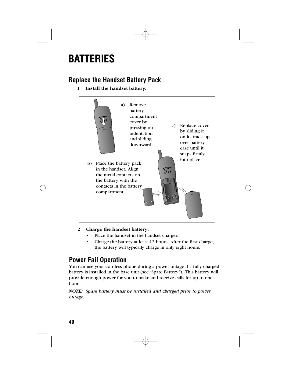 Batteries, Replace the handset battery pack, Power fail operation | AT&T 2462 User Manual | Page 43 / 50