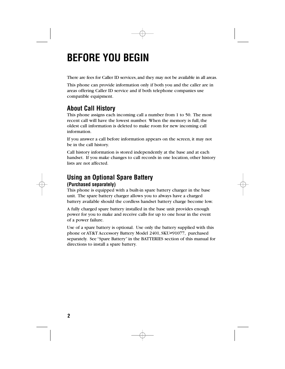 Before you begin, About call history, Using an optional spare battery | AT&T 2462 User Manual | Page 5 / 50