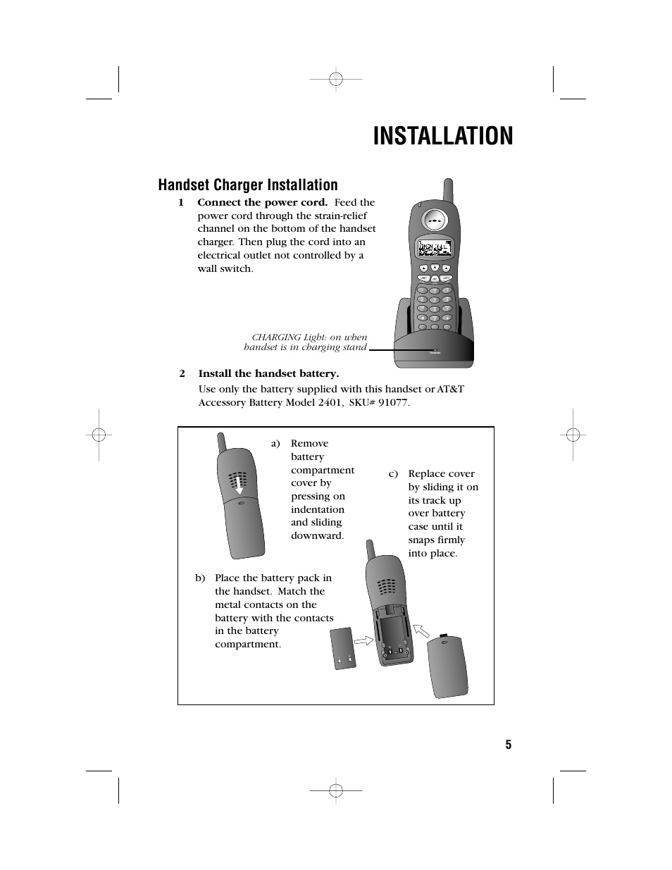 Installation, Handset charger installation | AT&T 2462 User Manual | Page 8 / 50