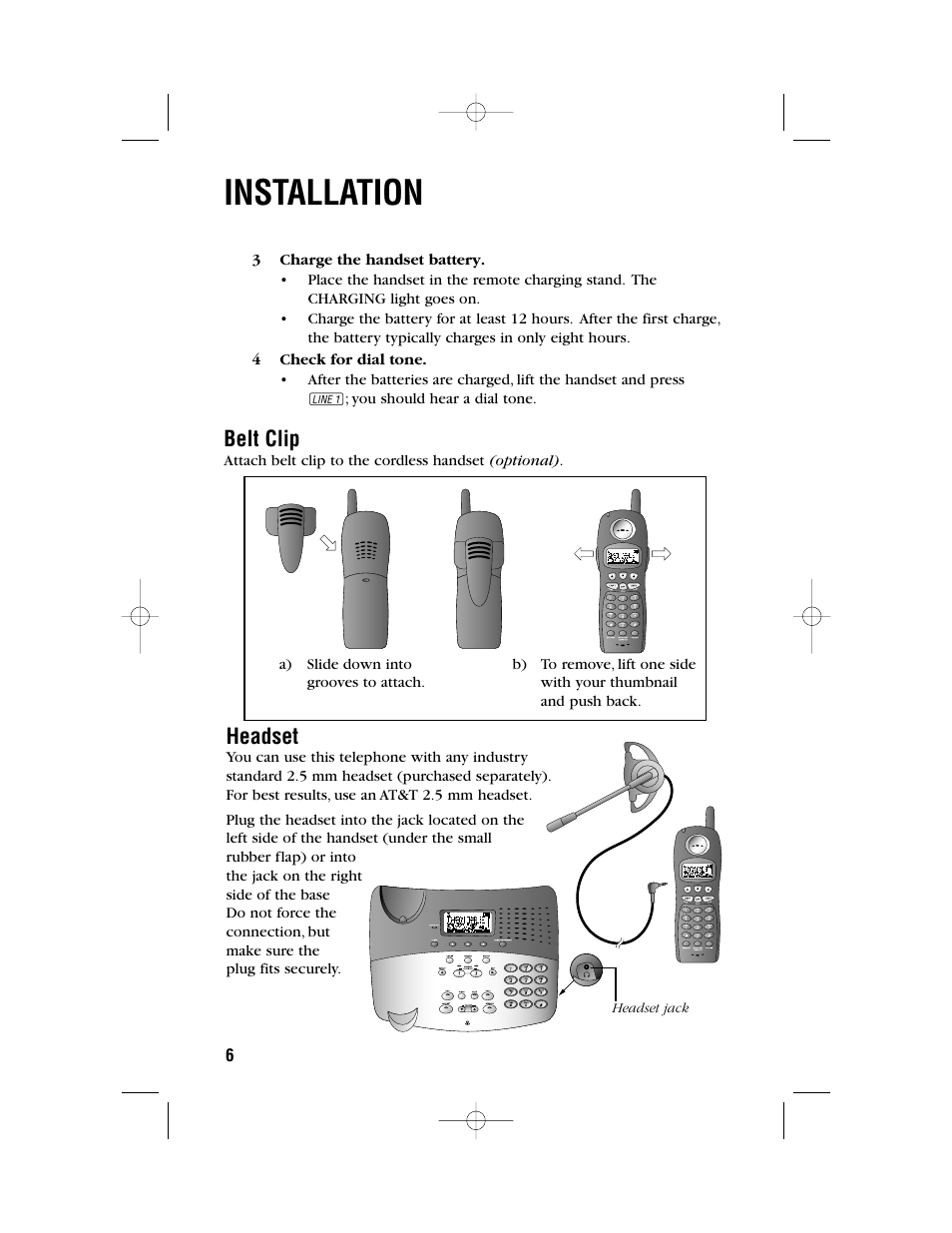 Installation, Belt clip, Headset | AT&T 2462 User Manual | Page 9 / 50