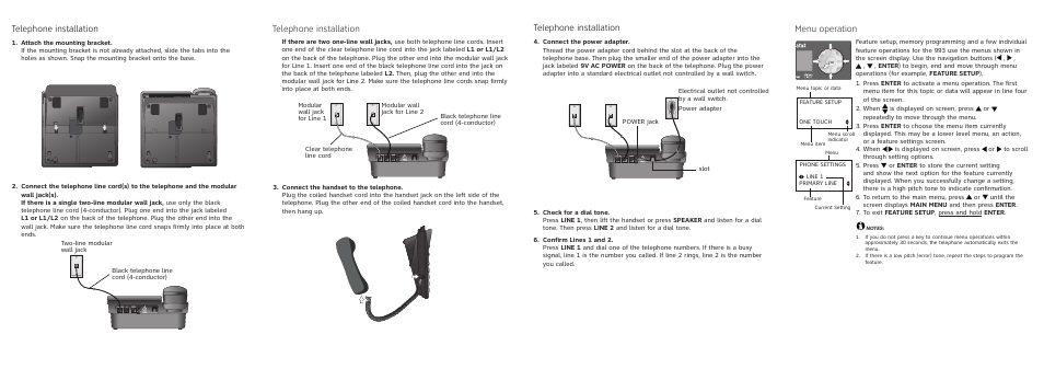 Telephone installation, Menu operation | AT&T 993 User Manual | Page 2 / 2