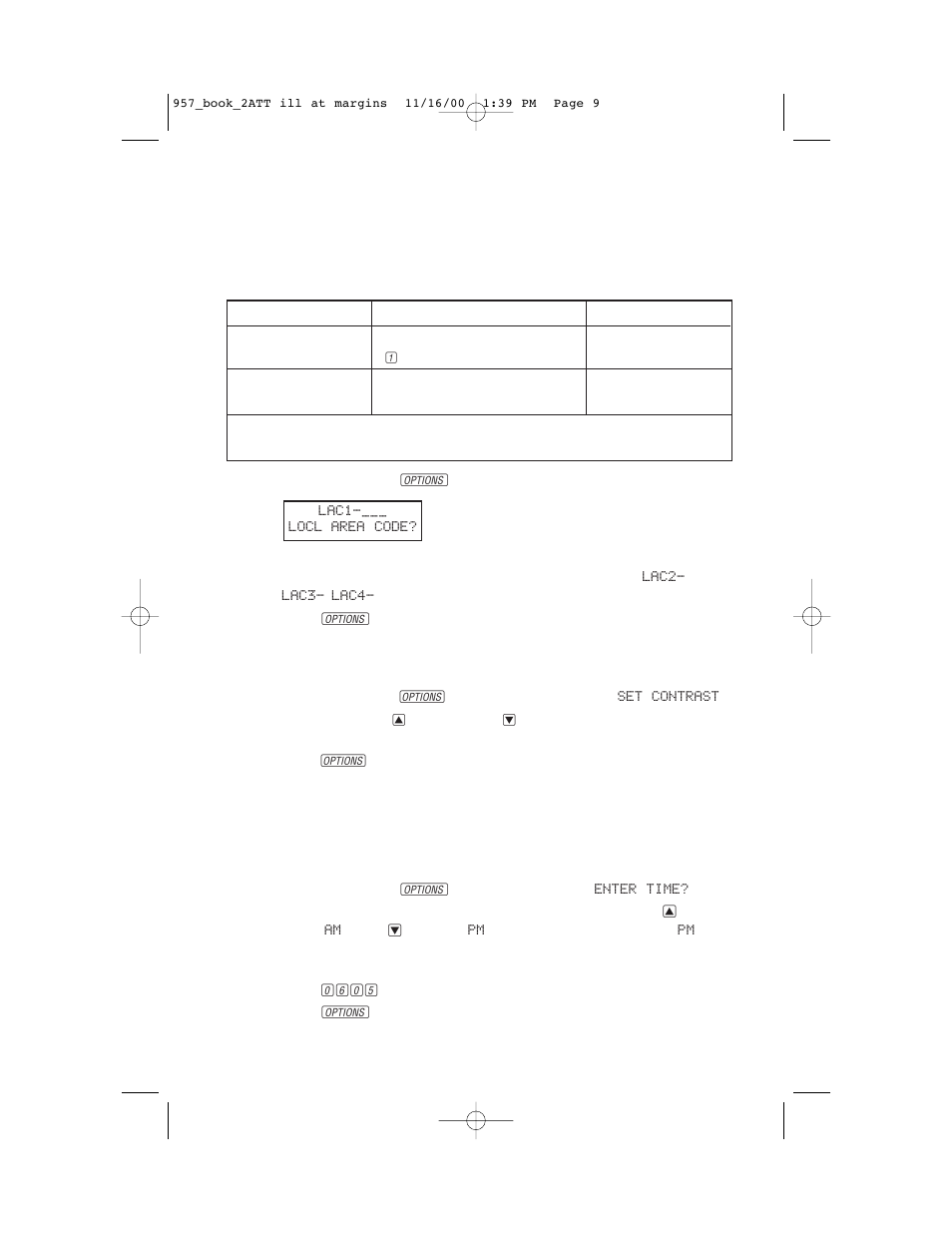 Feature settings, Set local area codes, Set contrast | Set time/date | AT&T 957 User Manual | Page 10 / 21