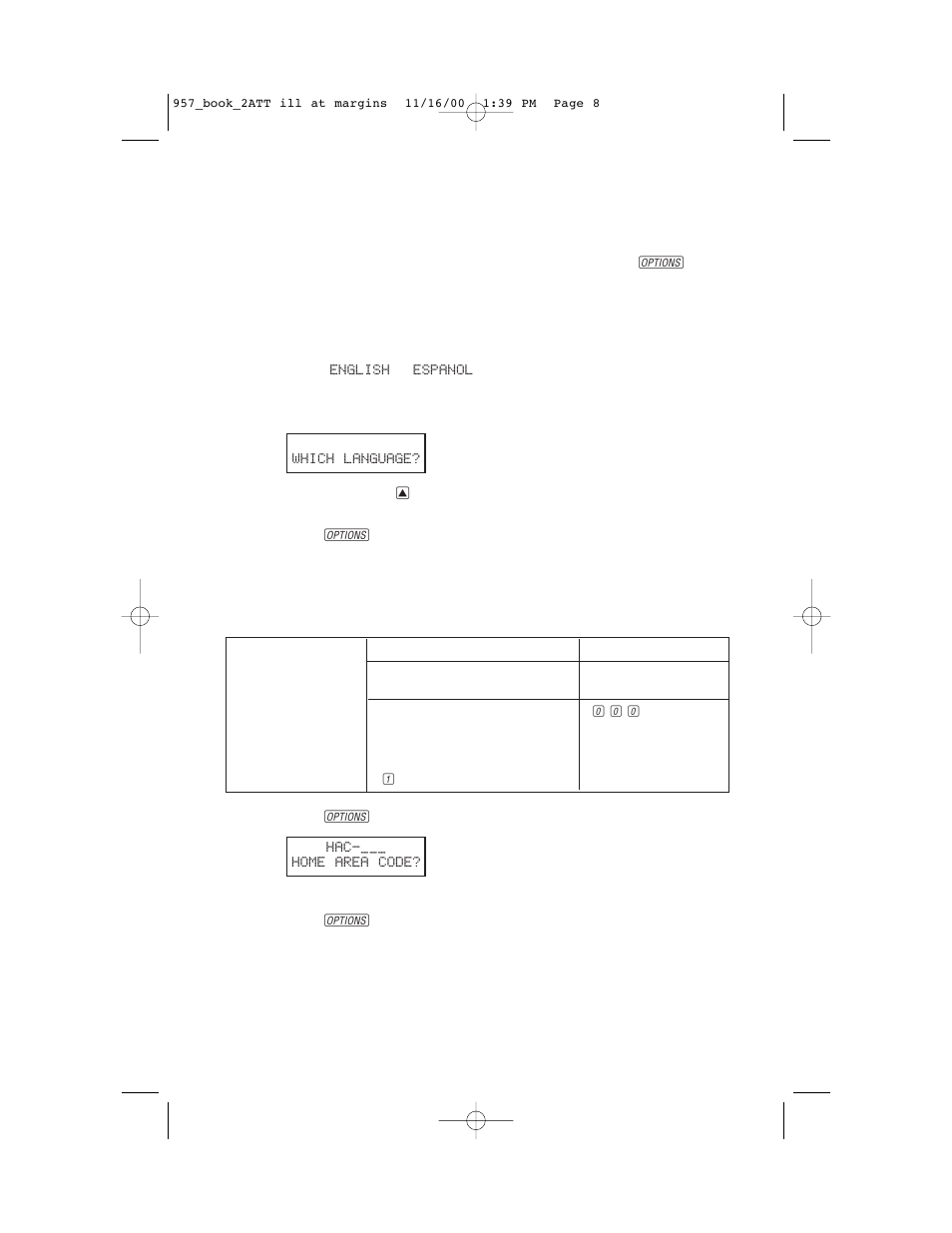 Feature settings, Language selection, Set home area code | AT&T 957 User Manual | Page 9 / 21