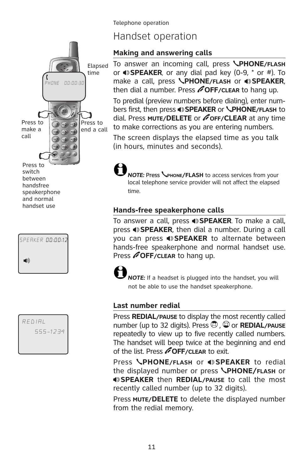 Handset operation, Making and answering calls, Hands-free speakerphone calls | Last number redial | AT&T E5913B User Manual | Page 14 / 70