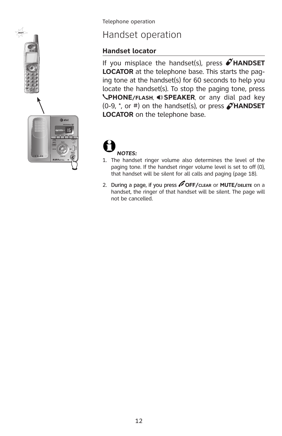 Handset locator, Handset operation, Speaker | AT&T E5913B User Manual | Page 15 / 70