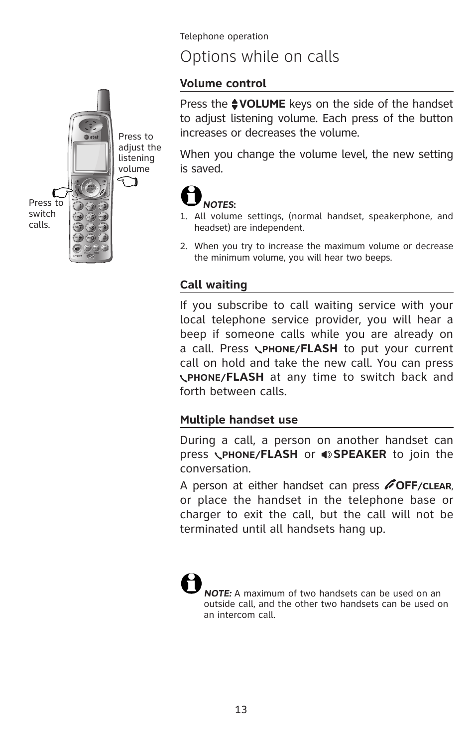 Options while on calls, Volume control, Call waiting | Multiple handset use | AT&T E5913B User Manual | Page 16 / 70