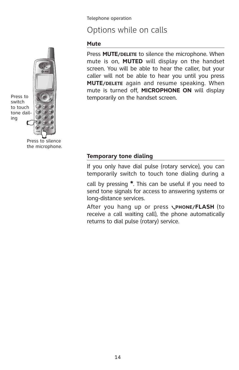 Mute, Temporary tone dialing, Options while on calls | Mute press mute, Flash | AT&T E5913B User Manual | Page 17 / 70