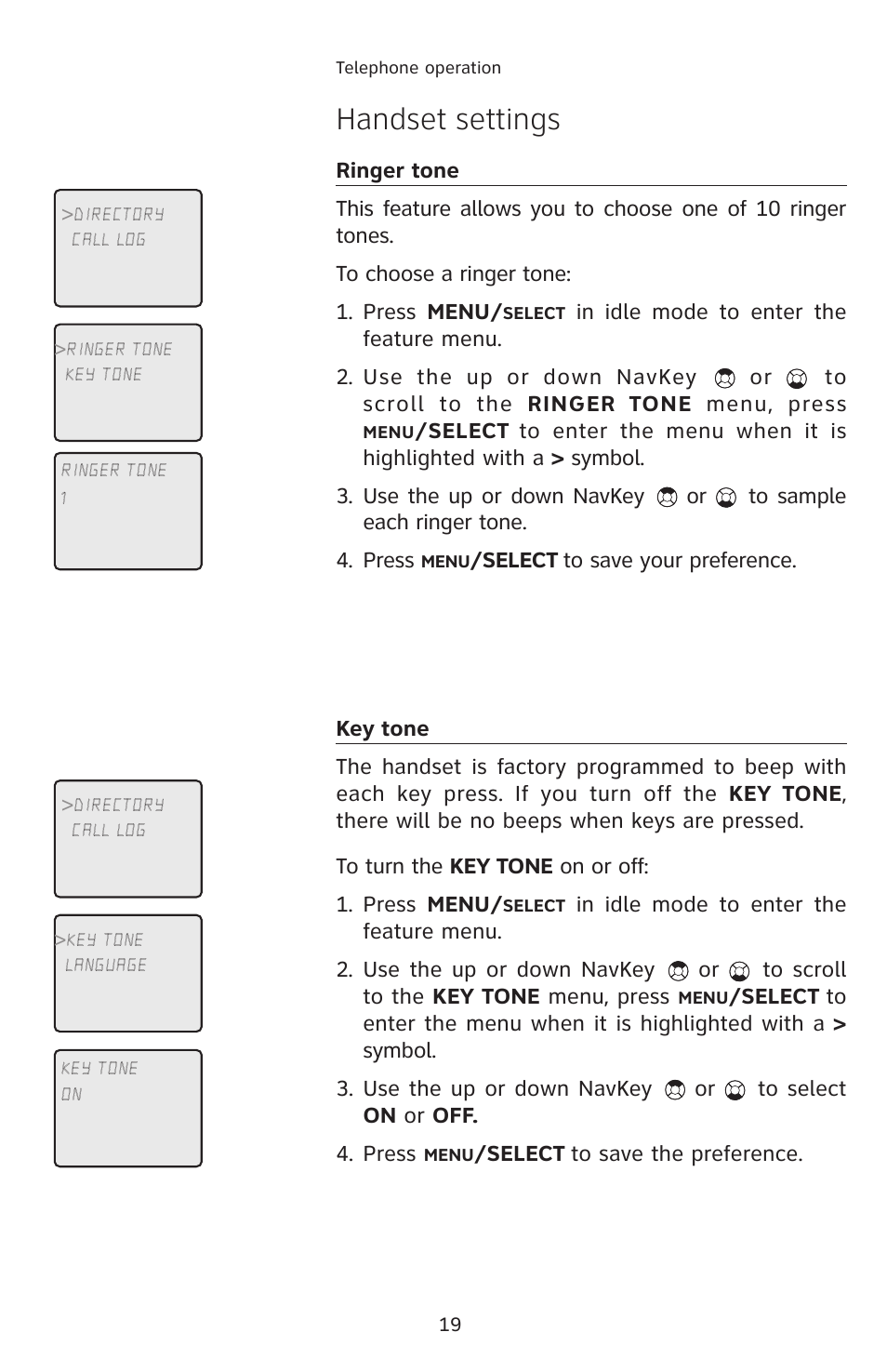 Ringer tone, Key tone, Handset settings | AT&T E5913B User Manual | Page 22 / 70