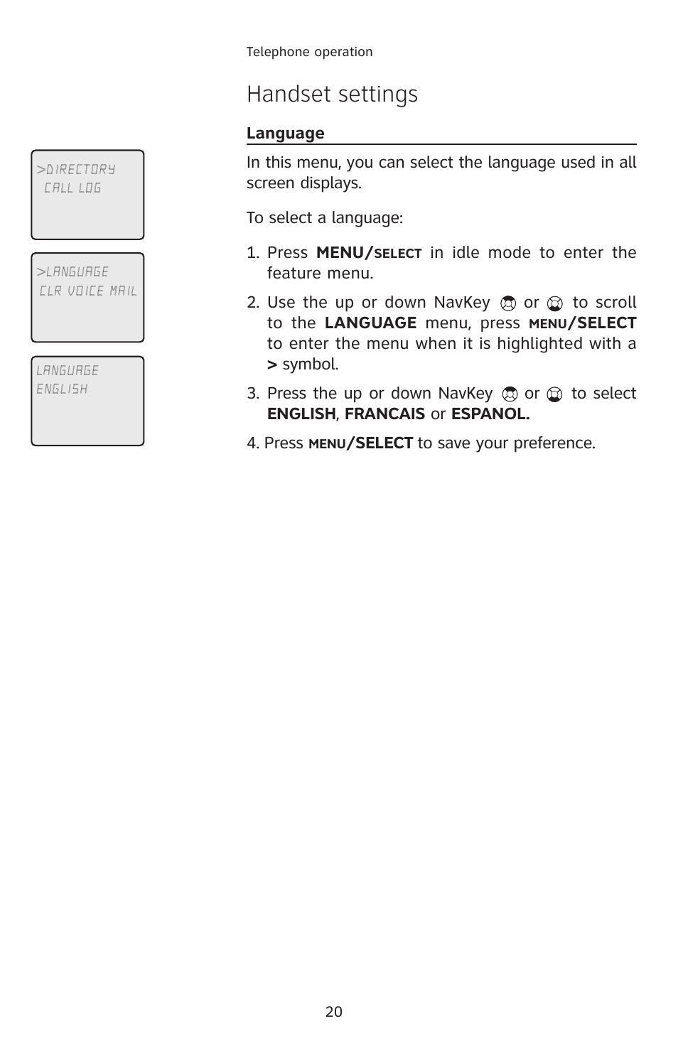 Language, Handset settings | AT&T E5913B User Manual | Page 23 / 70