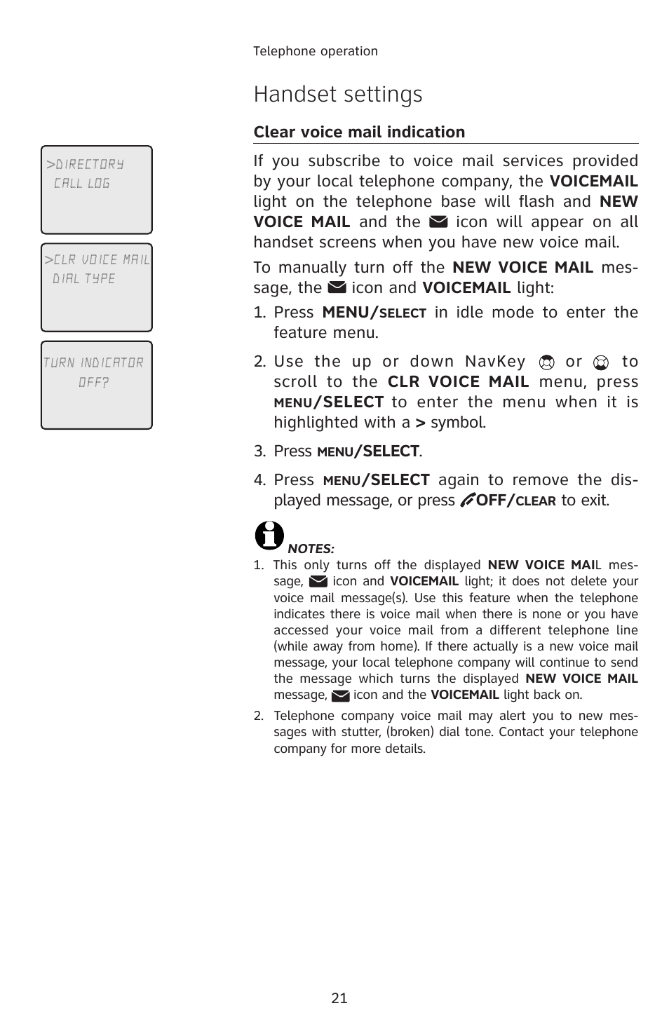 Clear voice mail indication, Handset settings | AT&T E5913B User Manual | Page 24 / 70