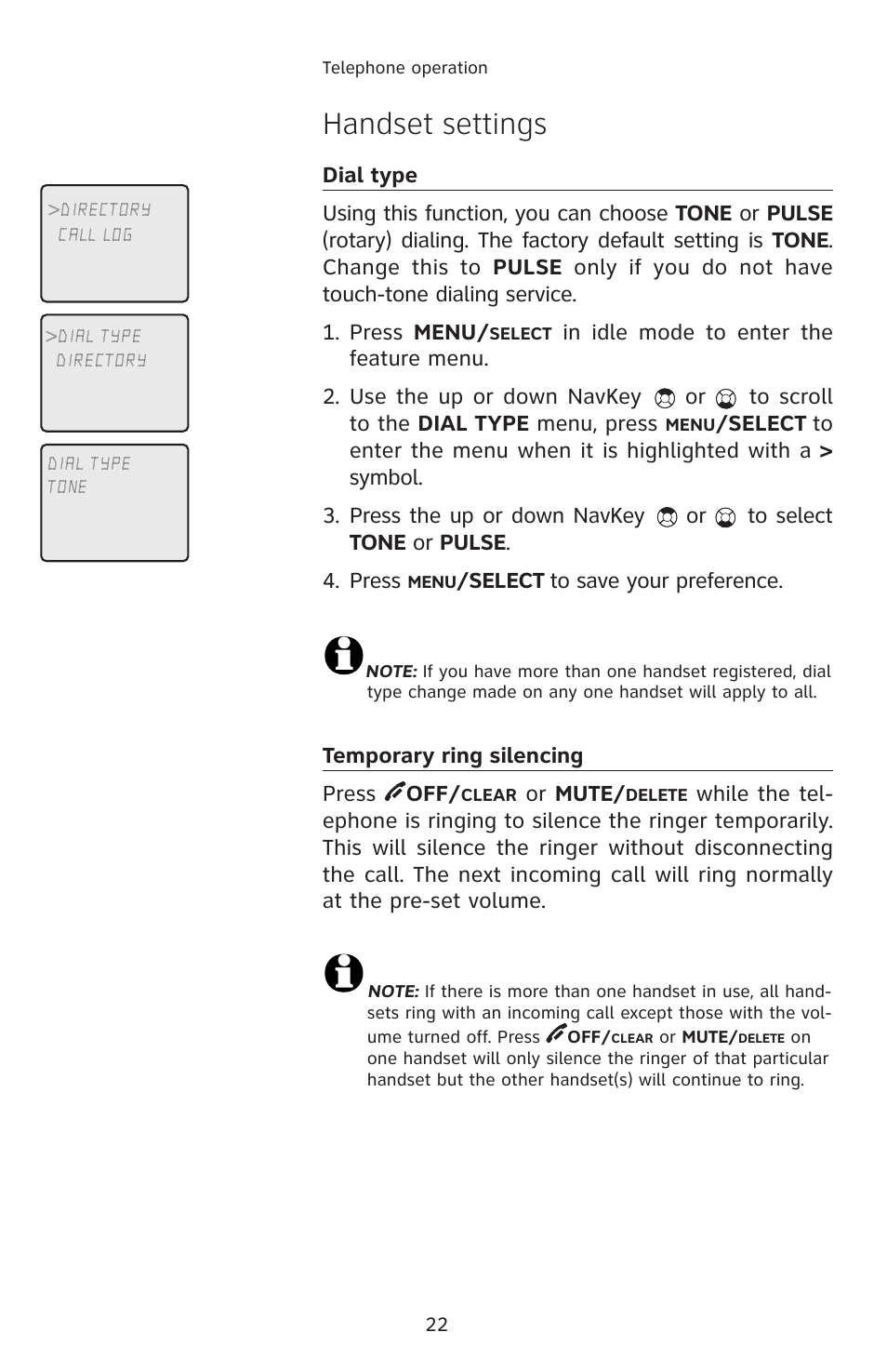 Dial type, Temporary ring silencing, Handset settings | AT&T E5913B User Manual | Page 25 / 70