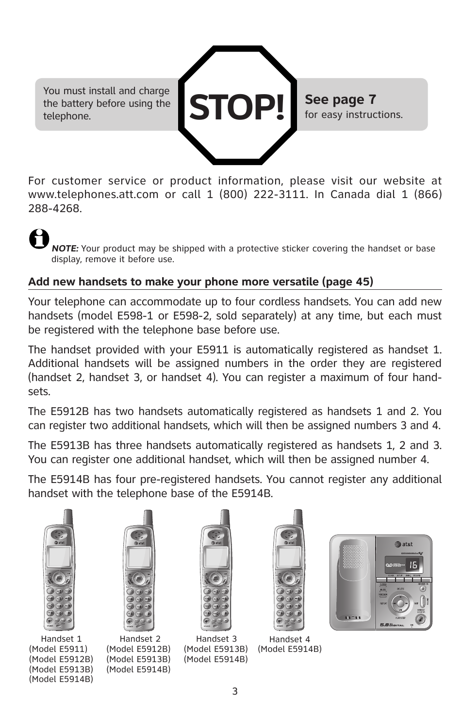 Add new handsets, Stop, See page 7 | AT&T E5913B User Manual | Page 3 / 70