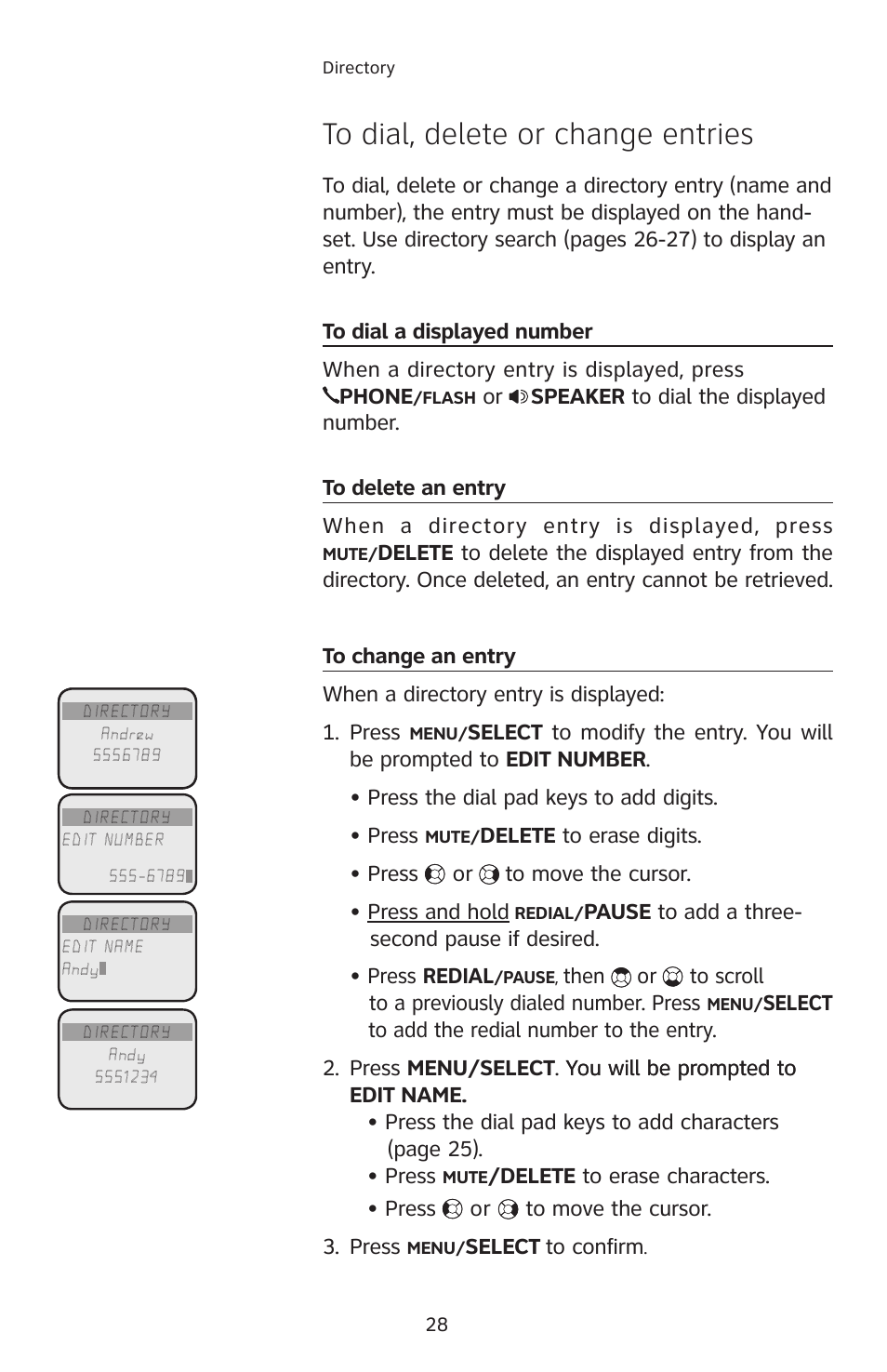 To dial, delete or change entries, To dial a displayed number, To delete an entry | To change an entry | AT&T E5913B User Manual | Page 31 / 70