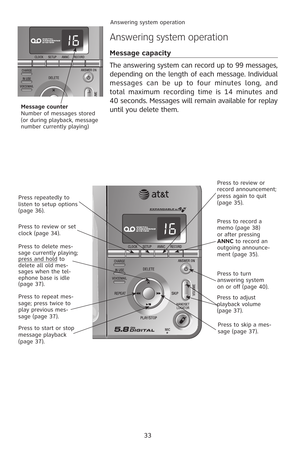 Answering system operation, Message capacity | AT&T E5913B User Manual | Page 36 / 70