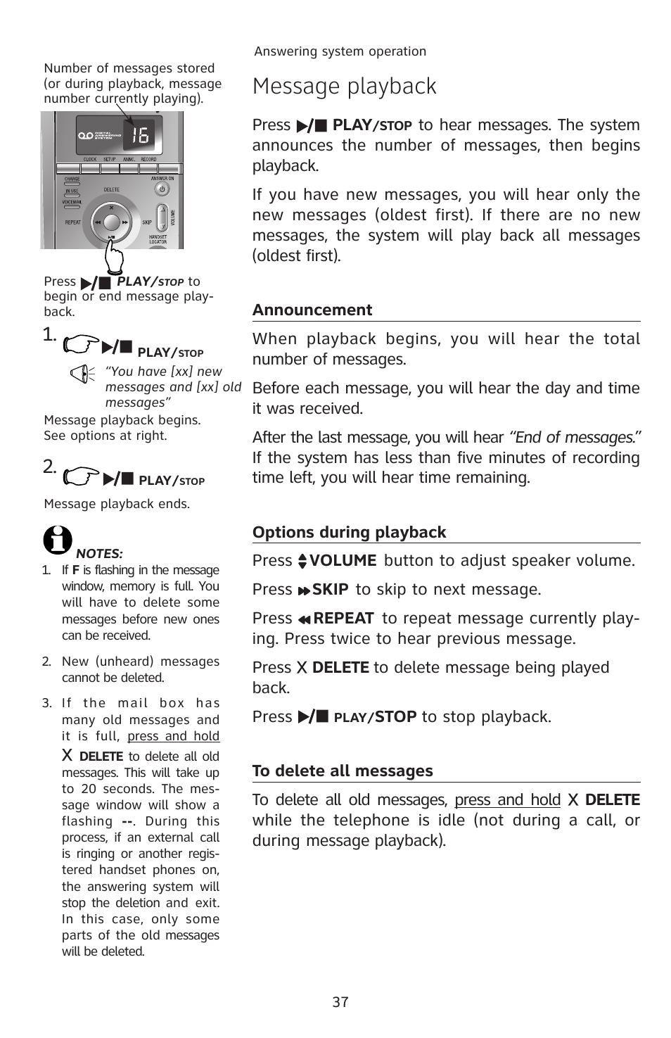 Message playback, Announcement, Options during playback | To delete all messages | AT&T E5913B User Manual | Page 40 / 70