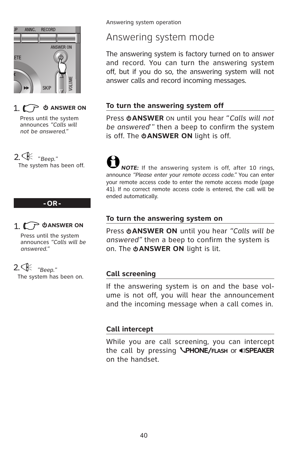 Answering system mode, To turn the answering system off, To turn the answering system on | Call screening, Call intercept | AT&T E5913B User Manual | Page 43 / 70