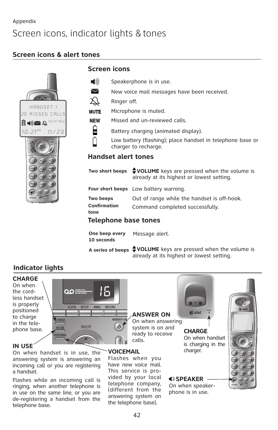 Screen icons, indicator lights & tones, Screen icons & alert tones, Screen icons handset alert tones | Telephone base tones, Indicator lights, Charge, Speaker, Answer on, Voicemail | AT&T E5913B User Manual | Page 45 / 70