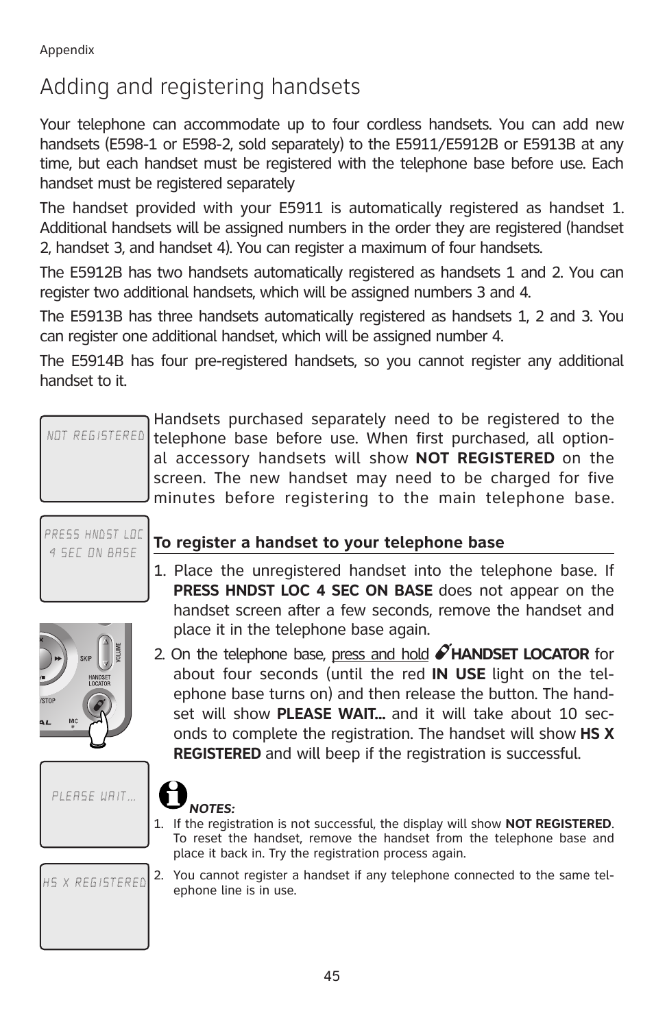 Adding and registering handsets, To register a handset to your telephone base | AT&T E5913B User Manual | Page 48 / 70