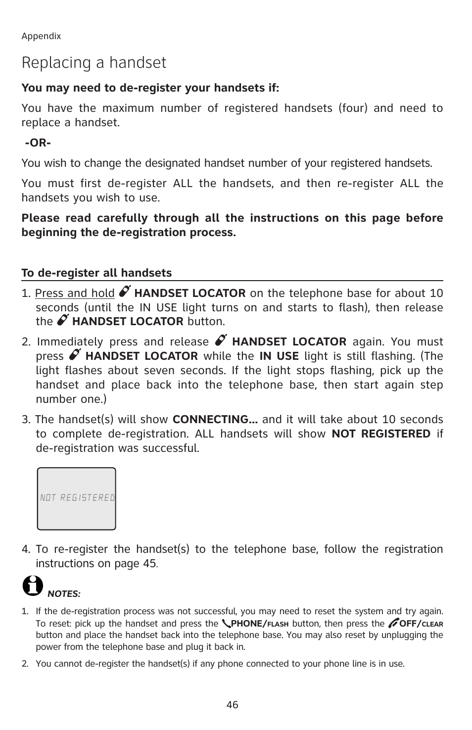 Replacing a handset, To de-register all handsets | AT&T E5913B User Manual | Page 49 / 70