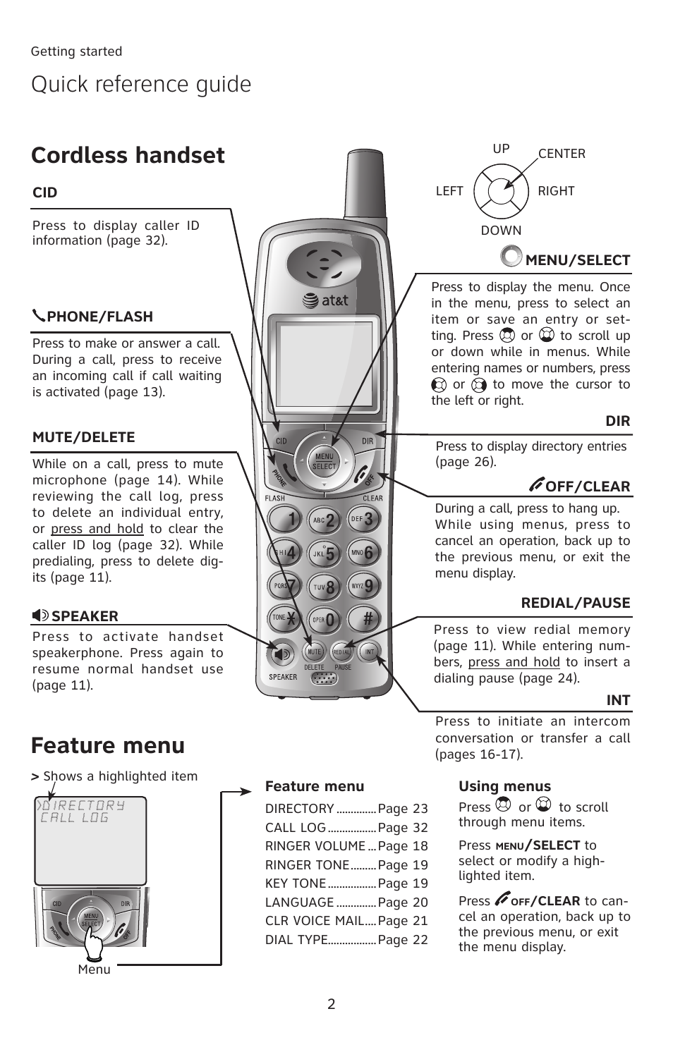 Cordless handset, Quick reference guide feature menu | AT&T E5913B User Manual | Page 5 / 70