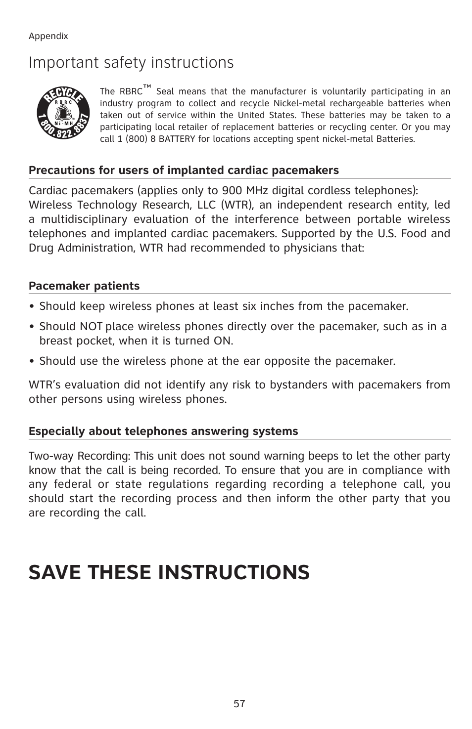 Save these instructions, Important safety instructions | AT&T E5913B User Manual | Page 60 / 70