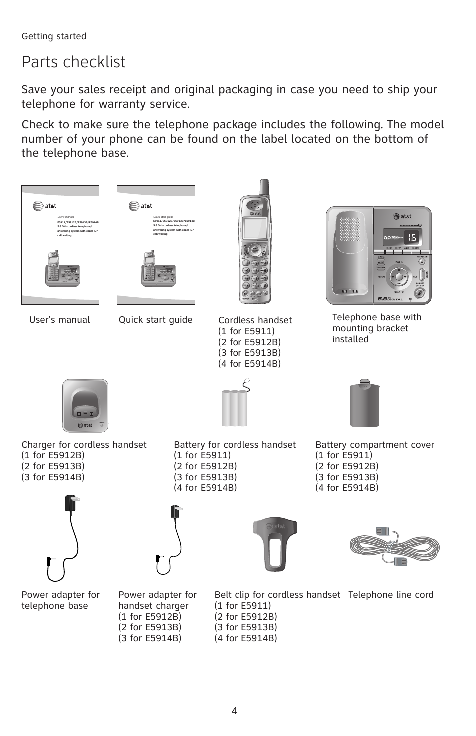 Parts checklist | AT&T E5913B User Manual | Page 7 / 70