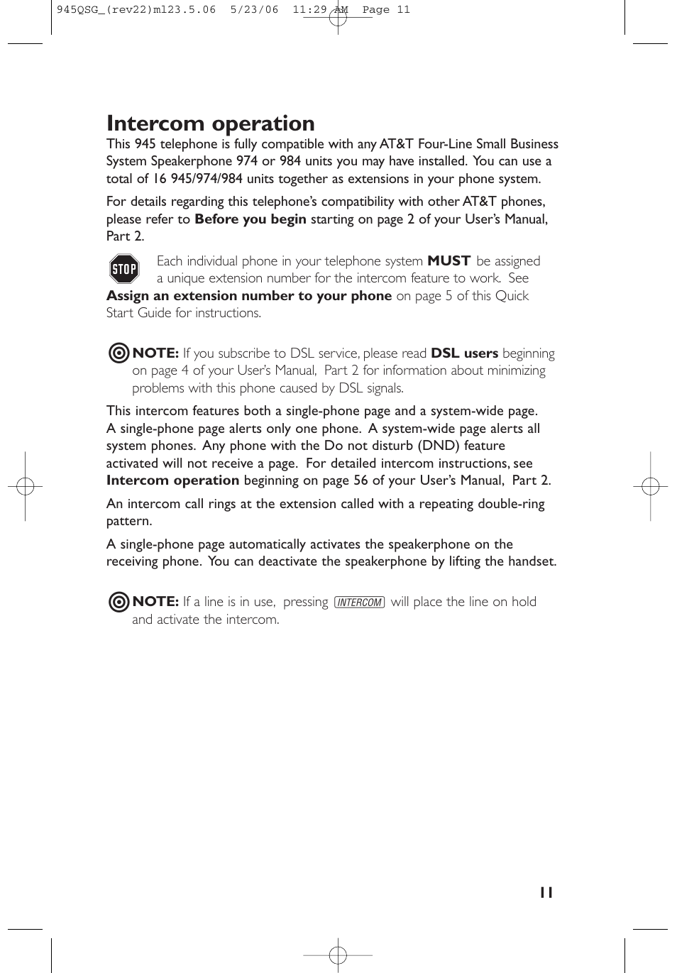 Intercom operation | AT&T 945 User Manual | Page 11 / 14