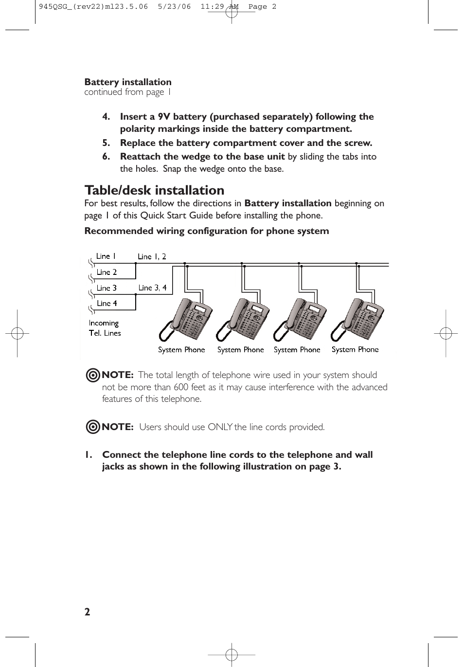Table/desk installation | AT&T 945 User Manual | Page 2 / 14