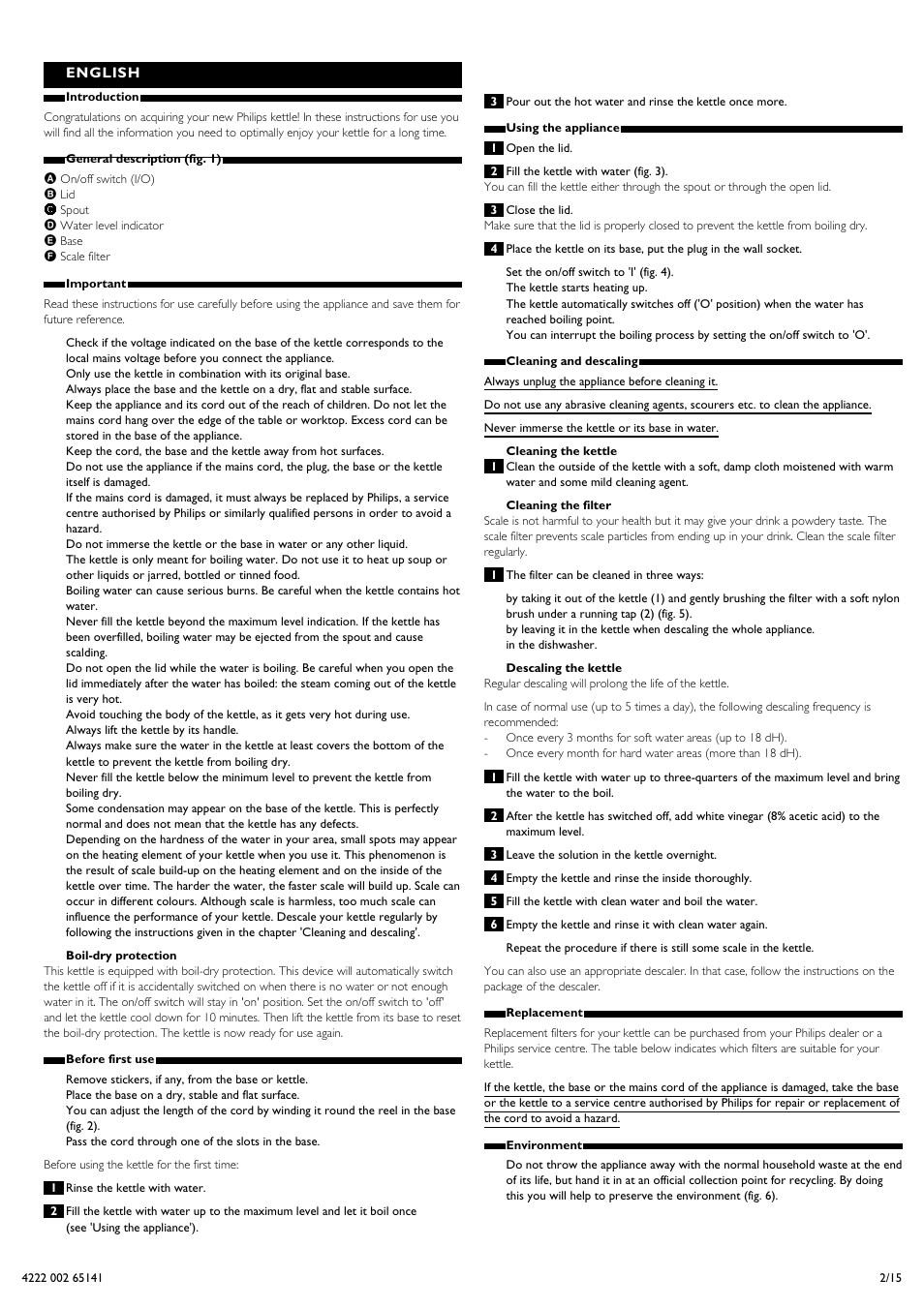 English | Philips Bouilloire User Manual | Page 2 / 15