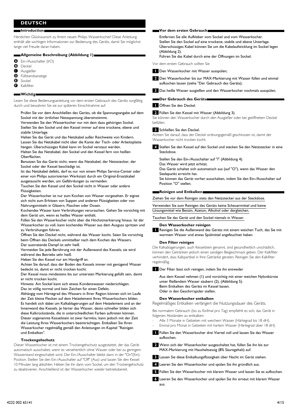 Deutsch | Philips Bouilloire User Manual | Page 4 / 15