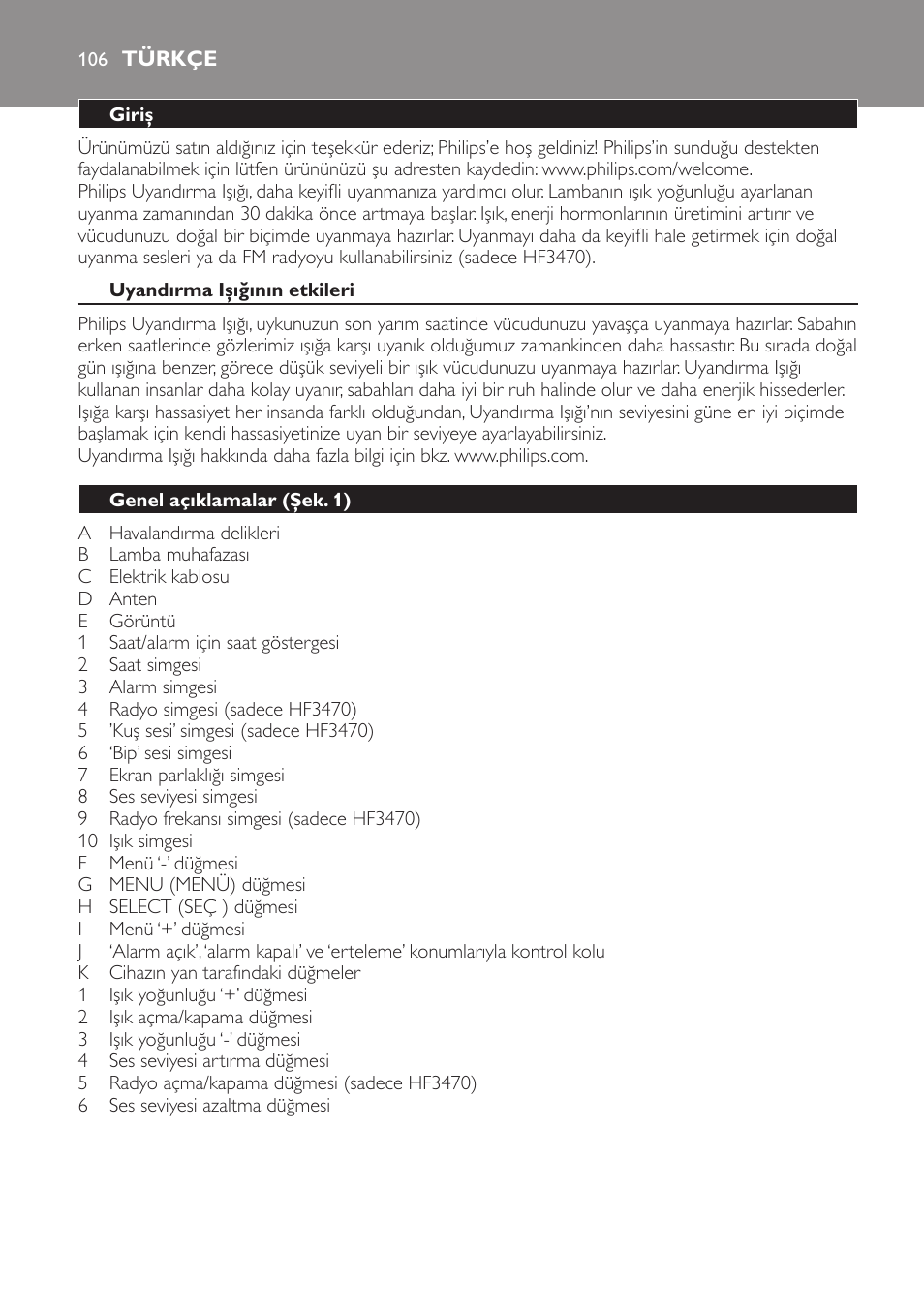 Türkçe, Türkçe 10 | Philips Éveil Lumière User Manual | Page 106 / 117