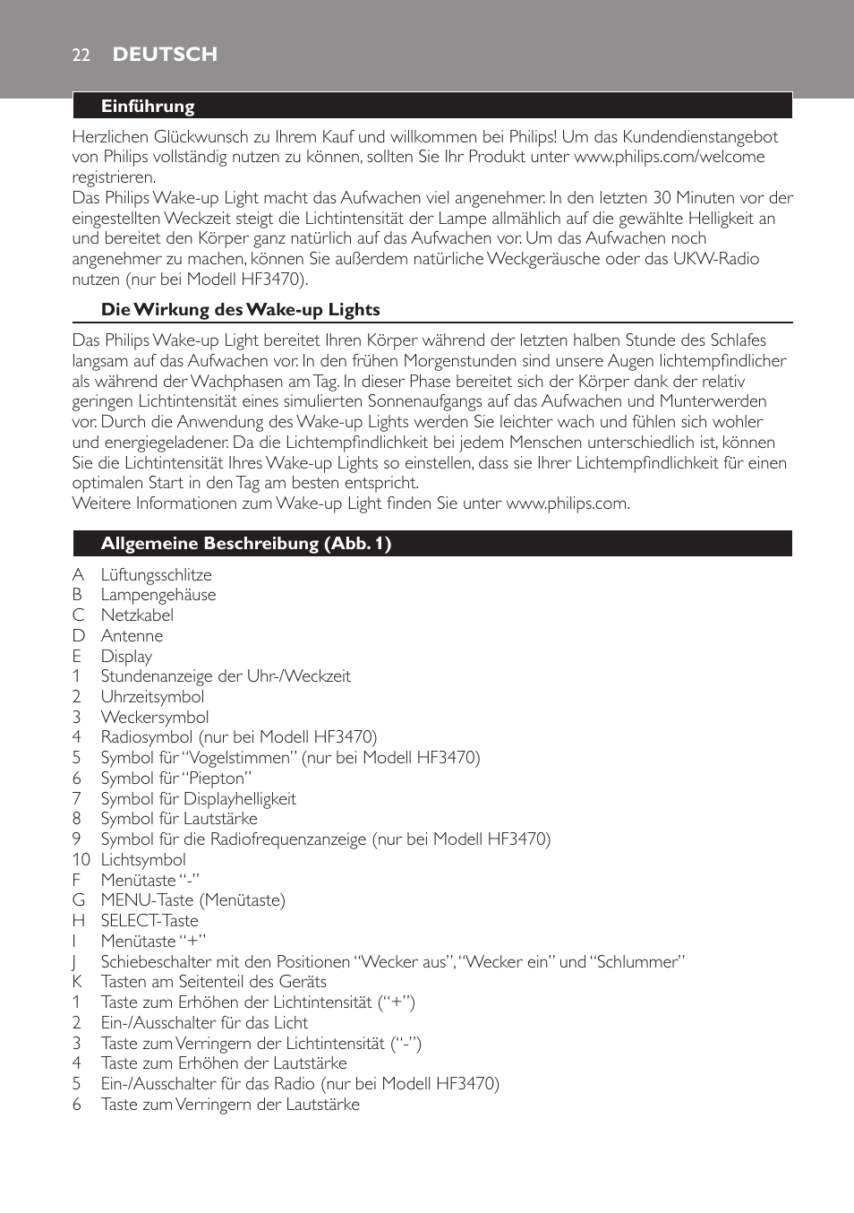 Deutsch, Deutsch 22 | Philips Éveil Lumière User Manual | Page 22 / 117