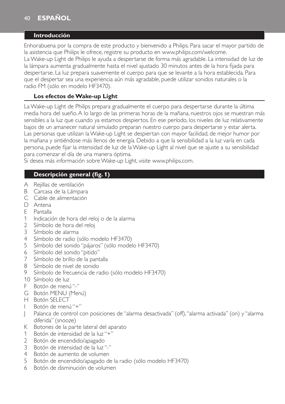 Español | Philips Éveil Lumière User Manual | Page 40 / 117