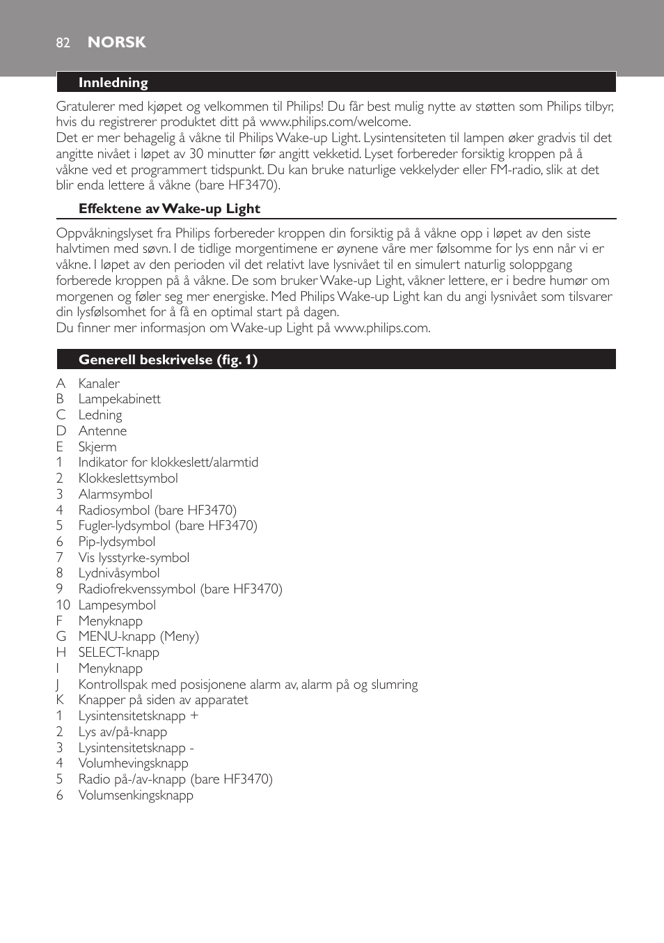 Norsk, Norsk 82 | Philips Éveil Lumière User Manual | Page 82 / 117