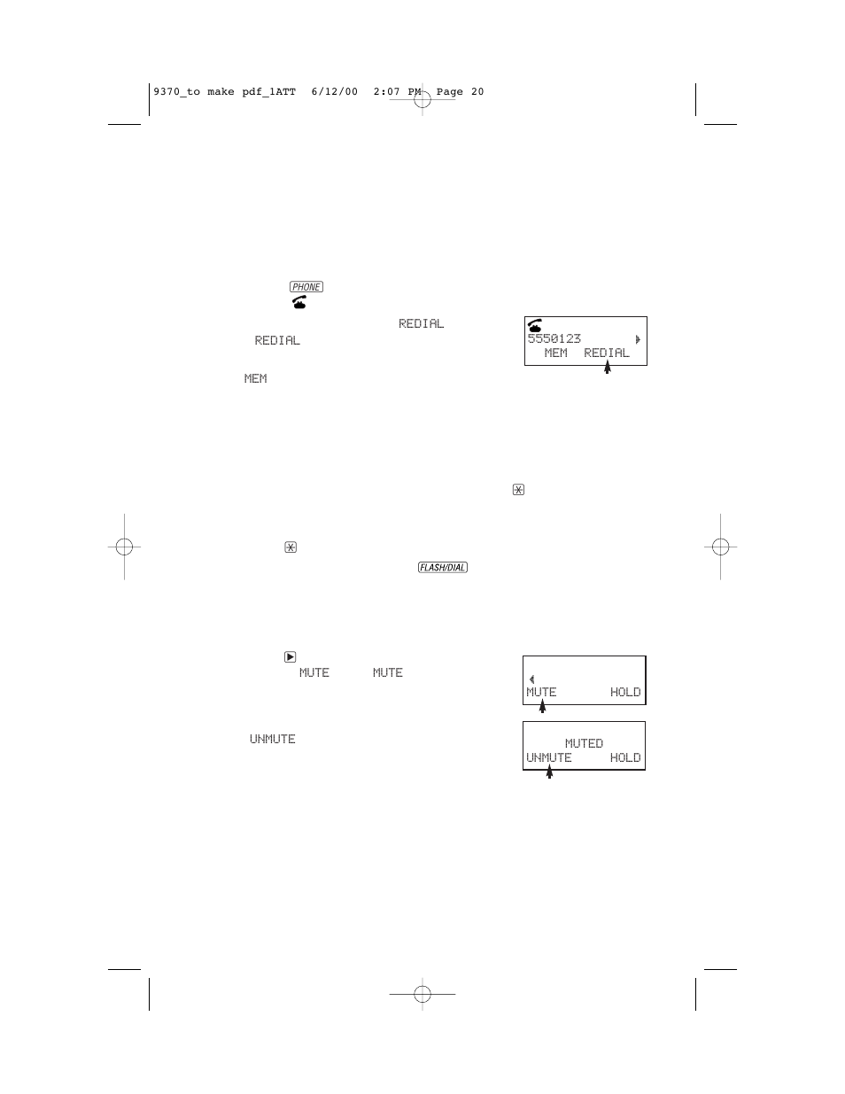 Telephone operation, At the handset, Redial | Temporary tone, Mute | AT&T 9370 User Manual | Page 22 / 55