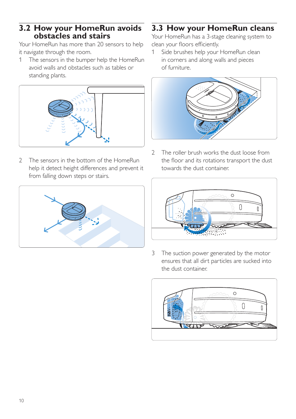3 how your homerun cleans, 2 how your homerun avoids obstacles and stairs | Philips Aspirateur-robot User Manual | Page 10 / 262