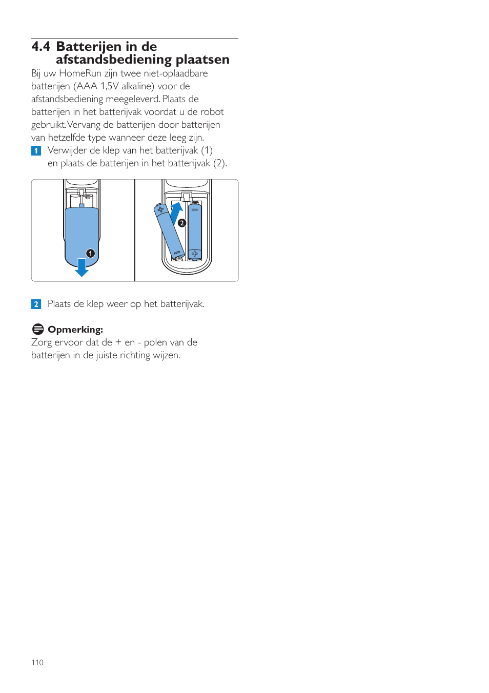 4 batterijen in de afstandsbediening plaatsen | Philips Aspirateur-robot User Manual | Page 110 / 262