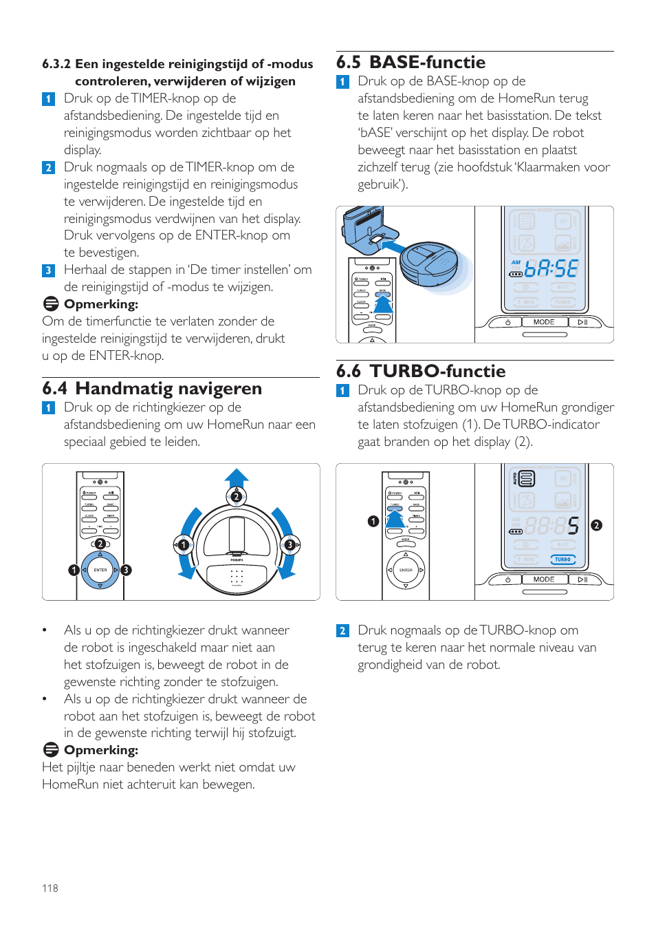 5 base-functie, 6 turbo-functie, 4 handmatig navigeren | Philips Aspirateur-robot User Manual | Page 118 / 262