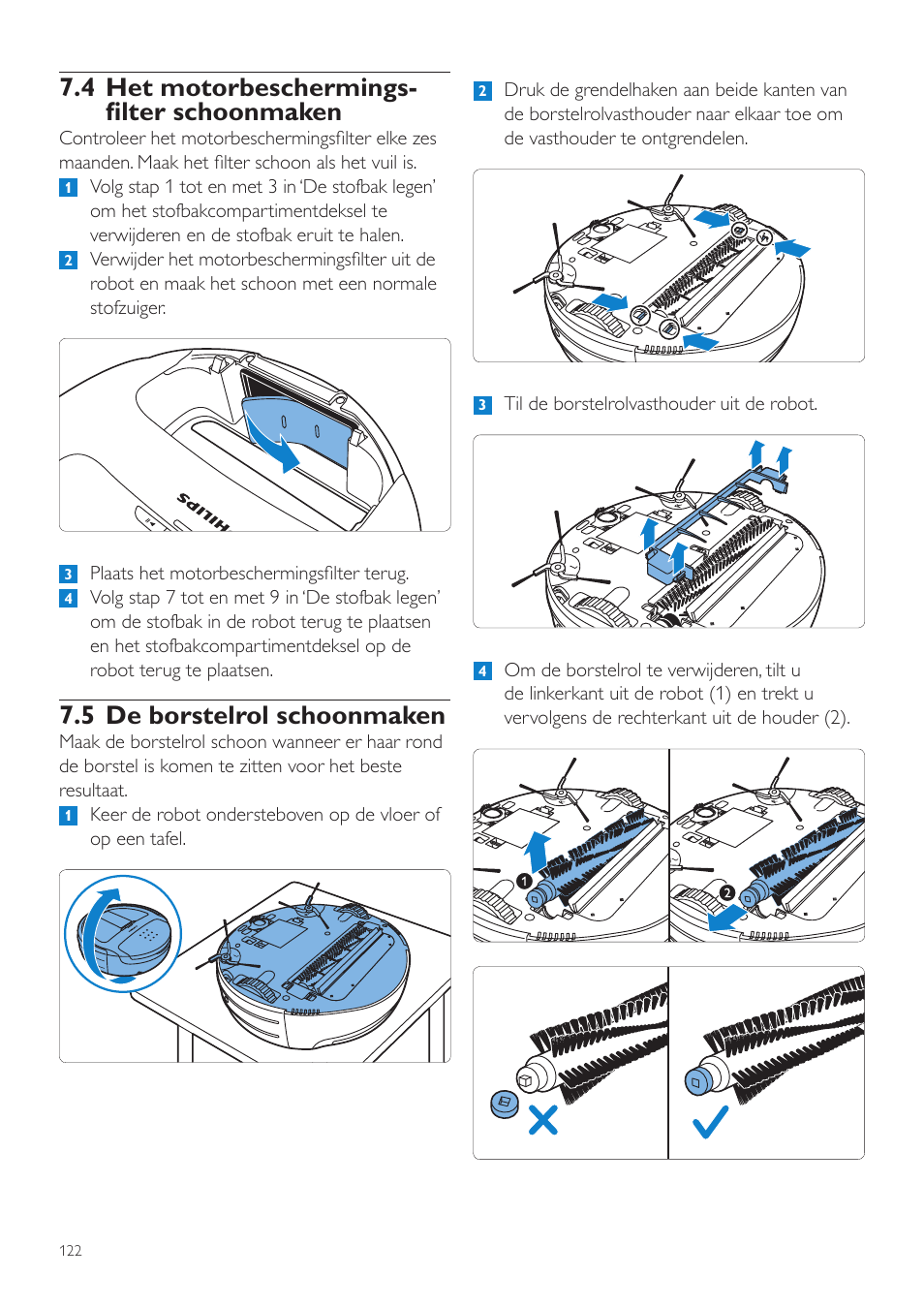 4 het motorbeschermings- filter schoonmaken, 5 de borstelrol schoonmaken | Philips Aspirateur-robot User Manual | Page 122 / 262