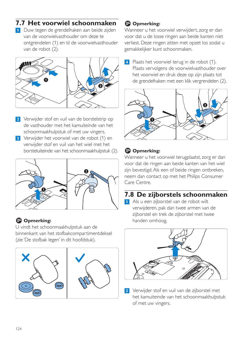 8 de zijborstels schoonmaken, 7 het voorwiel schoonmaken | Philips Aspirateur-robot User Manual | Page 124 / 262