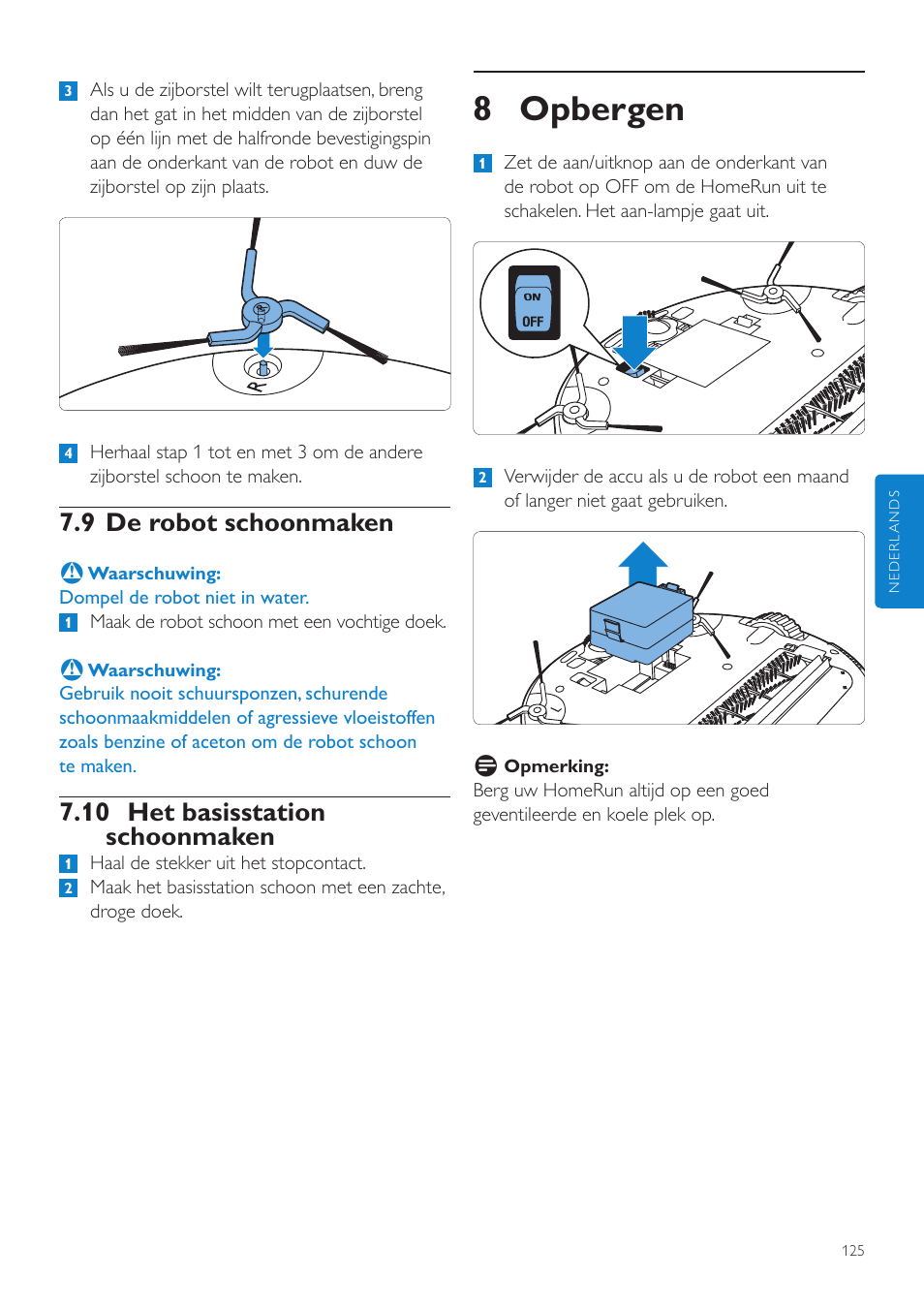 8 opbergen, 9 de robot schoonmaken, 10 het basisstation schoonmaken | Philips Aspirateur-robot User Manual | Page 125 / 262