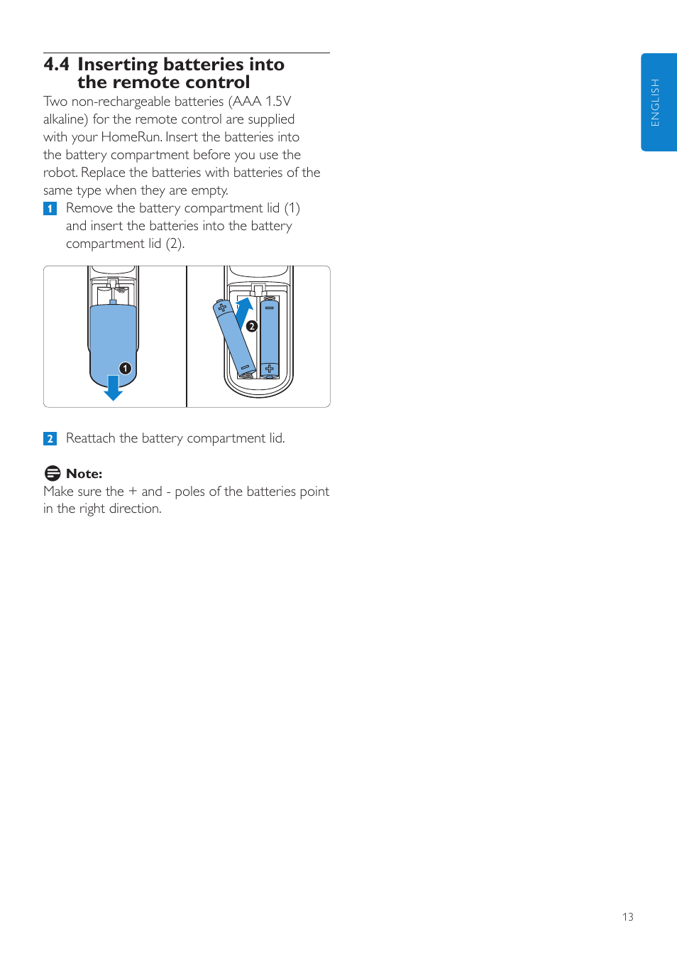 4 inserting batteries into the remote control | Philips Aspirateur-robot User Manual | Page 13 / 262