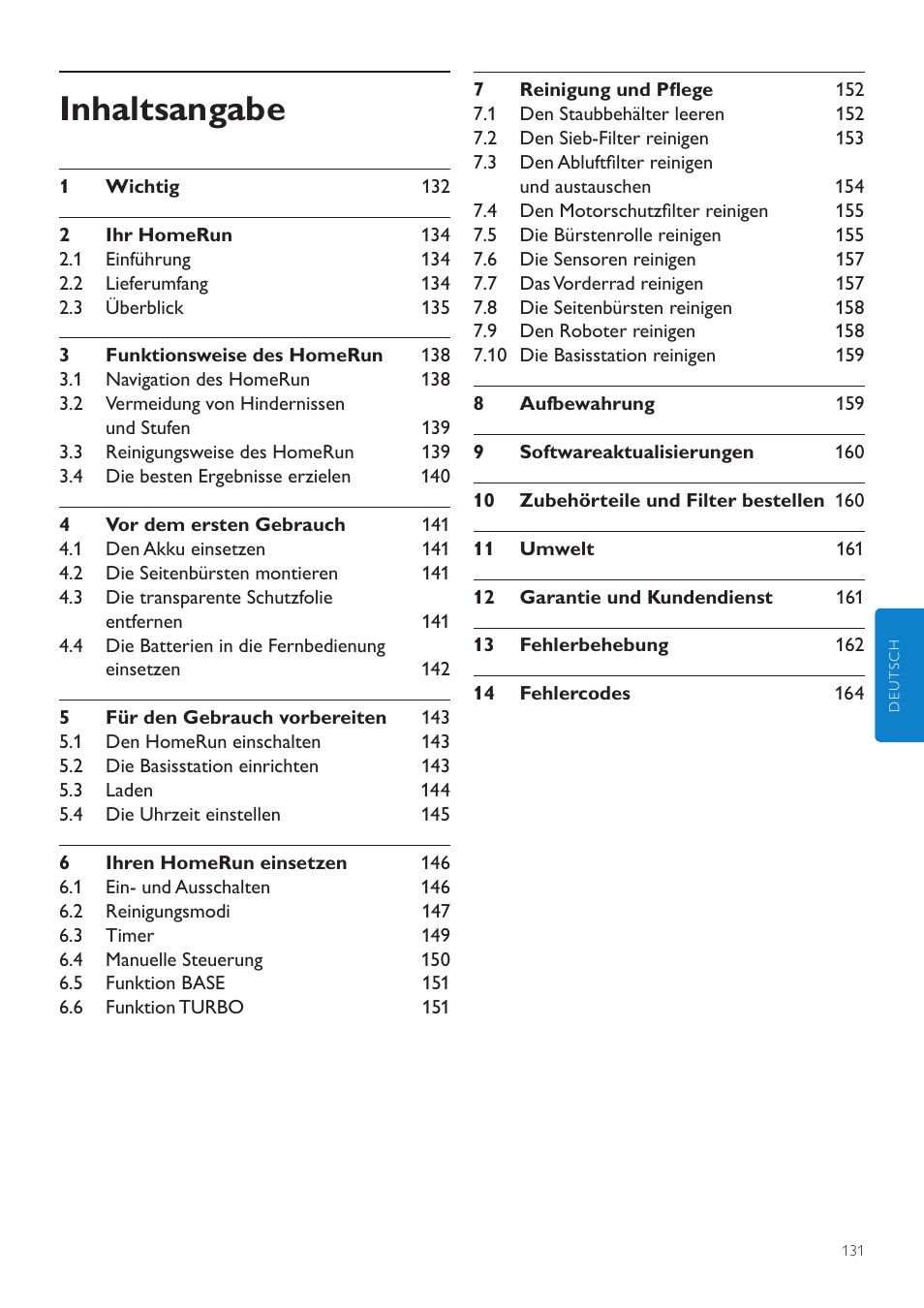 Inhaltsangabe | Philips Aspirateur-robot User Manual | Page 131 / 262