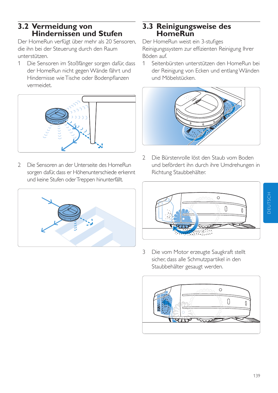 3 reinigungsweise des homerun, 2 vermeidung von hindernissen und stufen | Philips Aspirateur-robot User Manual | Page 139 / 262